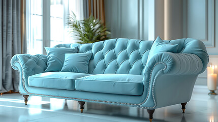 Fototapeta premium Luxurious Living Room with Aqua Sofa. Generative AI.