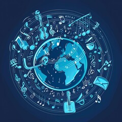 Fototapeta premium a globe surrounded by connected music notes and musical instruments, vector style, single color, simple lines ,generative ai