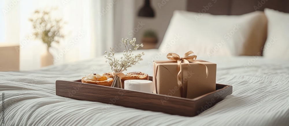Poster tray with breakfast and gift box on the bed. with copy space image. place for adding text or design