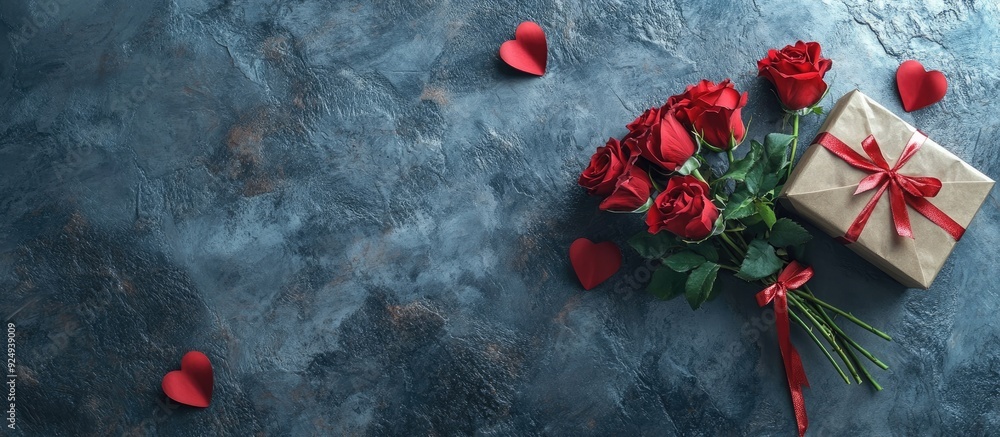 Aufkleber Valentine s Day greeting card featuring a bouquet of red roses and a gift box on a stone background Top view with space for your messages. with copy space image. Place for adding text or design