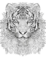 Obraz premium Intricate tiger face coloring page with detailed patterns in black and white