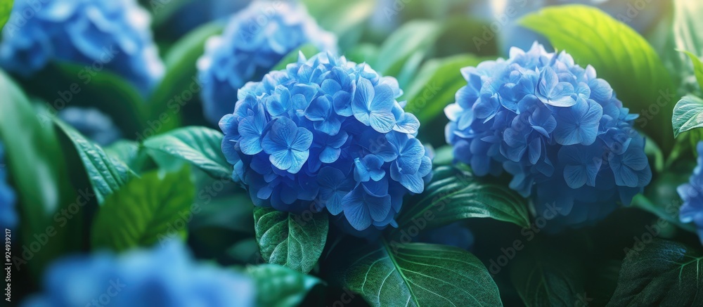 Aufkleber Hydrangea macrophylla Ajisai blooms in a garden. with copy space image. Place for adding text or design