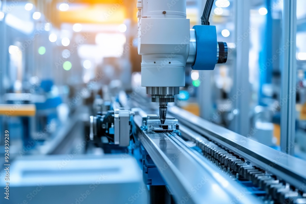 Poster close-up of advanced cnc machine tool in an industrial assembly line, showcasing precision engineeri