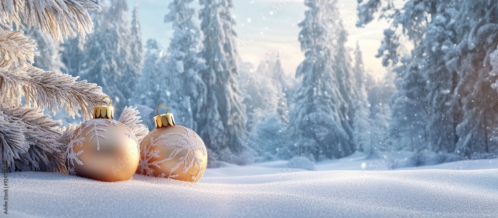 Fototapete Beautiful Christmas ornaments set against a snowy forest designed for a banner Space for text. with copy space image. Place for adding text or design