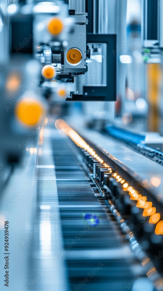 Poster close-up of an advanced automated production line with precise machinery and technology in a modern 