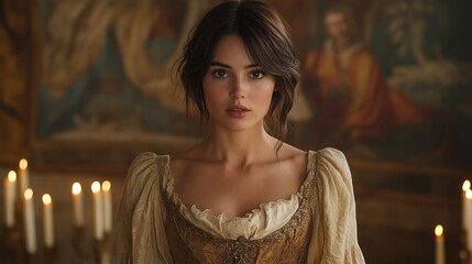 Woman with soft expression in grand cathedral setting