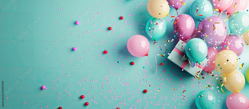 Poster birthday party flat lay featuring vibrant balloons and confetti spilling out of a gift box. with cop