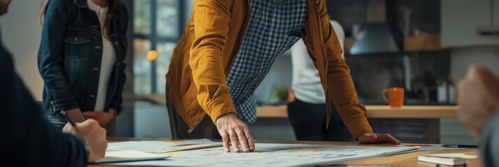 A collaborative team works on a blueprint plan on a table in a modern office setting, discussing details and strategies for a project.