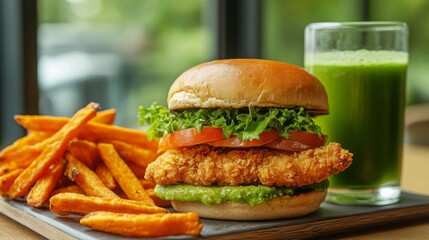 A crispy chicken burger layered with fresh lettuce and tomato is accompanied by sweet potato fries and a green beverage in a sunlight-filled cafe setting.