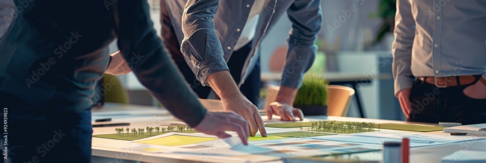Poster A group of designers work together on creating an architectural model with blueprints and sketches, focusing on details and planning.