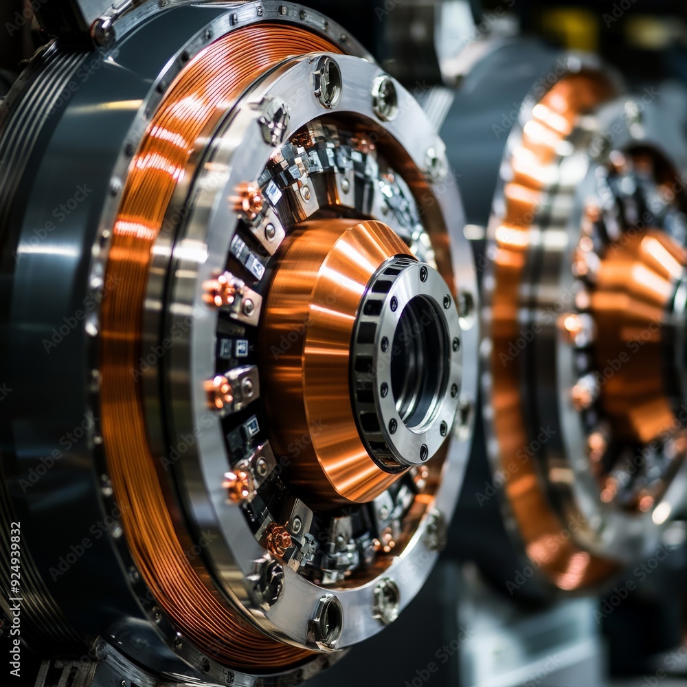 Poster close-up of an advanced metallic machine part with intricate copper coils, showcasing high-tech engi