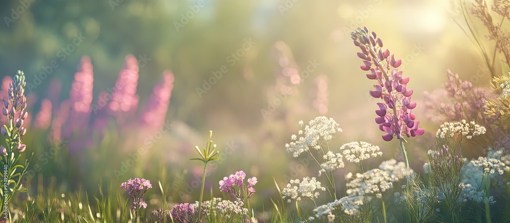 Poster purple and pink lupin and queen anne s lace blooms in a lovely meadow. with copy space image. place 
