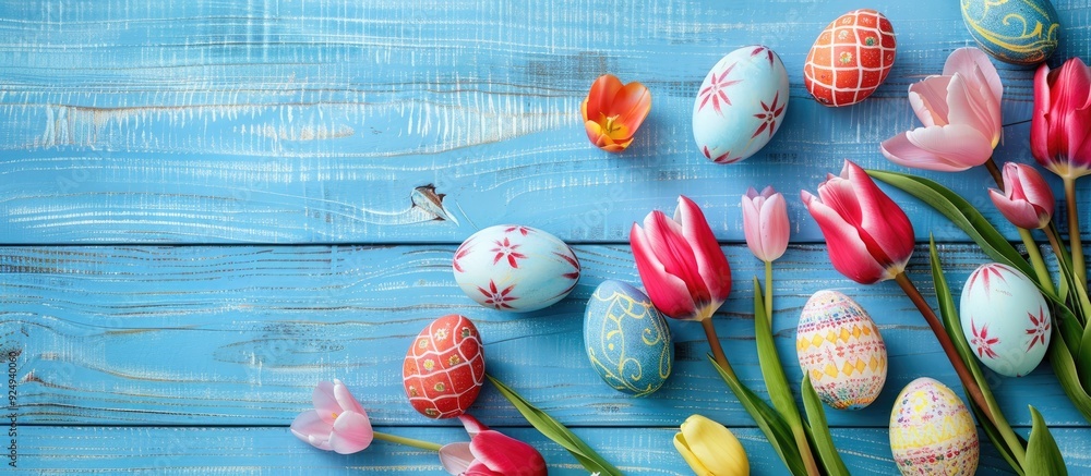 Poster easter table arrangement featuring tulip flowers and eggs along with a tag that says happy easter se