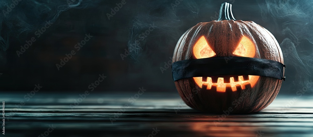 Poster pumpkin lantern wearing a black medical mask. with copy space image. place for adding text or design
