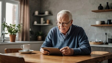 A senior using modern health-monitoring technology in a smart home, ensuring safety and independence