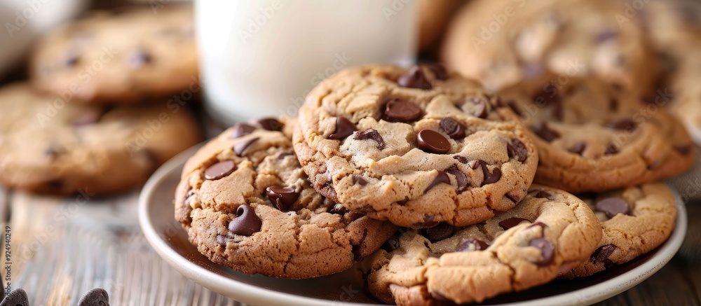 Poster cookies with chocolate chips and milk. with copy space image. place for adding text or design