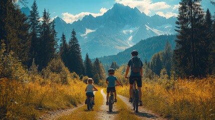 small children cycling outdoors in summer with family in the Tatra Mountains Slovakia