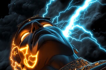 A dramatic depiction of a godlike figure being struck by lightning, with glowing eyes and a powerful presence.