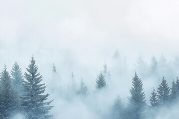 Snow-covered pine trees in a misty forest, with a soft and tranquil atmosphere evoking the quiet and stillness of a winter landscape.