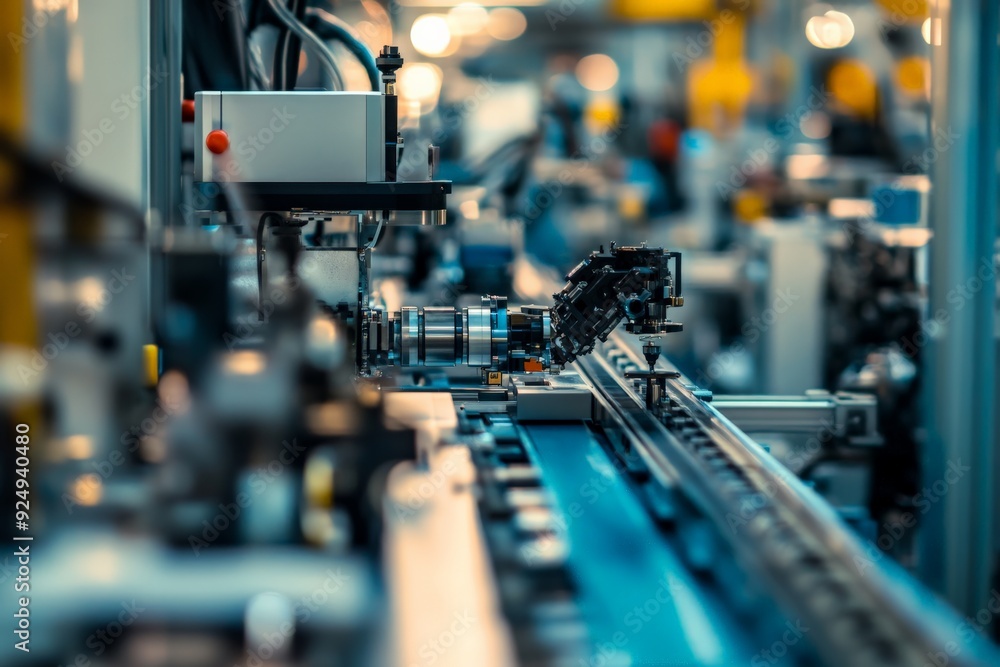 Poster close-up of an automated production line in a factory, showcasing advanced machinery and precision e