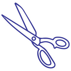 Open scissors icon. Blue scissors symbol. Cut tool sign. Outline shear illustration.