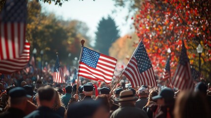 A Veterans Day parade with veterans marching in uniform, carrying American flags, spectators lining the streets cheering and waving, creating a scene of patriotism and honor, with red, white, and
