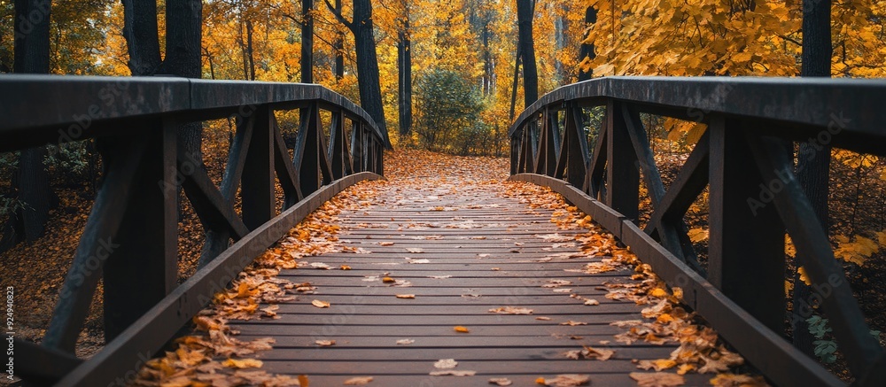 Poster Pedestrian bridge along a path in an autumn forest Natural backdrop with copyspace for text or lettering