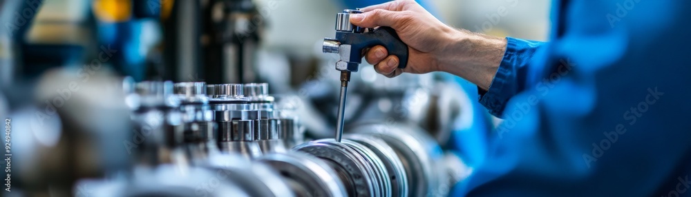 Poster close-up of an engineer using a precision tool in an industrial setting. the focus is on the hand an