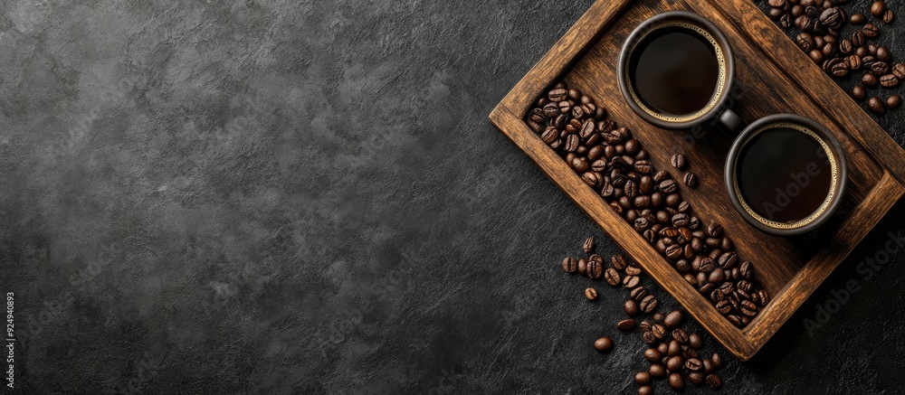 Leinwandbilder coffee on a wooden tray accompanied by coffee beans on a dark textured backdrop top view with copysp
