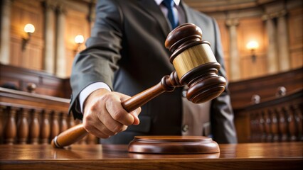 A authoritative judge's hand firmly grasping a wooden gavel, poised to strike, set against a blurred courtroom background, conveying justice, law, and authority.