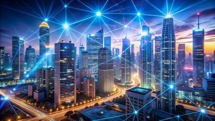 Obraz premium Féutré cityscape with sleek skyscrapers and neon lights, overlaid with futuristic data streams, pulsing networks, and holographic displays, symbolizing global connectivity and innovation.