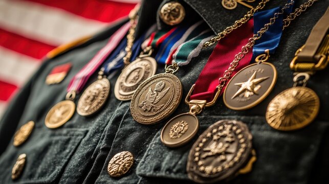 A close-up of a military uniform with medals and ribbons displayed, the details of the awards clearly visible, an American flag in the background, symbolizing honor and service, creating a respectful