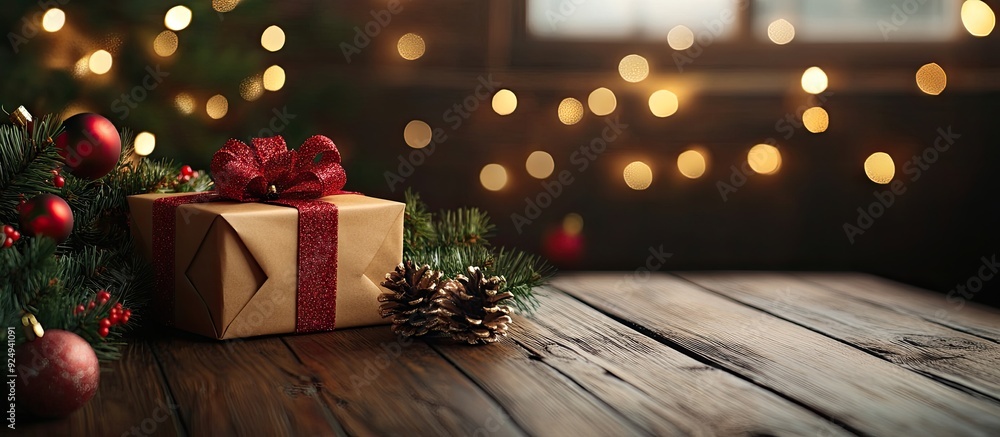 Aufkleber gift box on table festive christmas backdrop. with copy space image. place for adding text or design