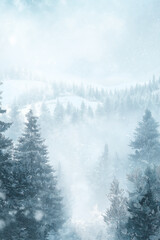 Obraz premium A wintery mountain forest covered in snow with pine trees, evoking a peaceful and serene winter wonderland atmosphere.