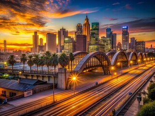 Warm golden light illuminates the iconic 6th Street Bridge in Los Angeles, with railway tracks disappearing into the bustling cityscape at dusk.