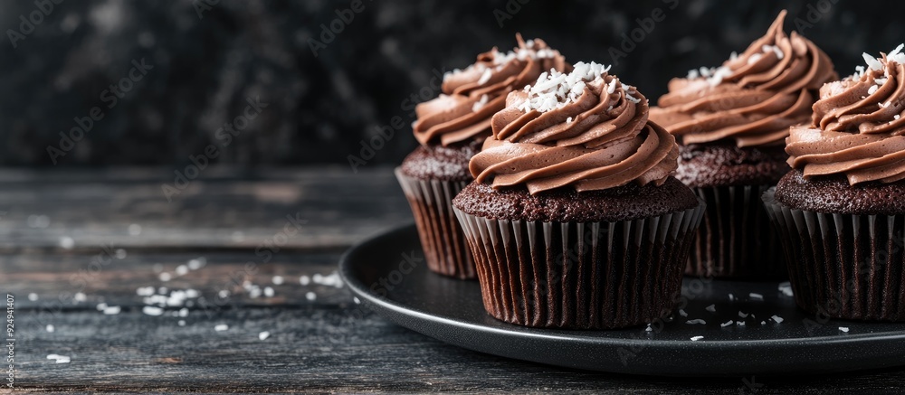 Poster sweet chocolate pastry cupcakes topped with cocoa frosting and buttercream on a black plate set agai