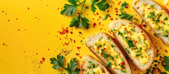 Board featuring tasty processed cheese with bread and chili on a yellow background. with copy space image. Place for adding text or design