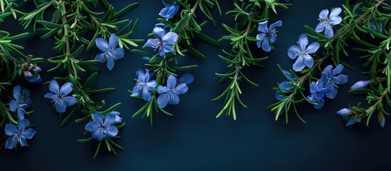 Sprig of rosemary with blue flowers flourishing in a garden illuminated by sunlight against a dark backdrop. with copy space image. Place for adding text or design