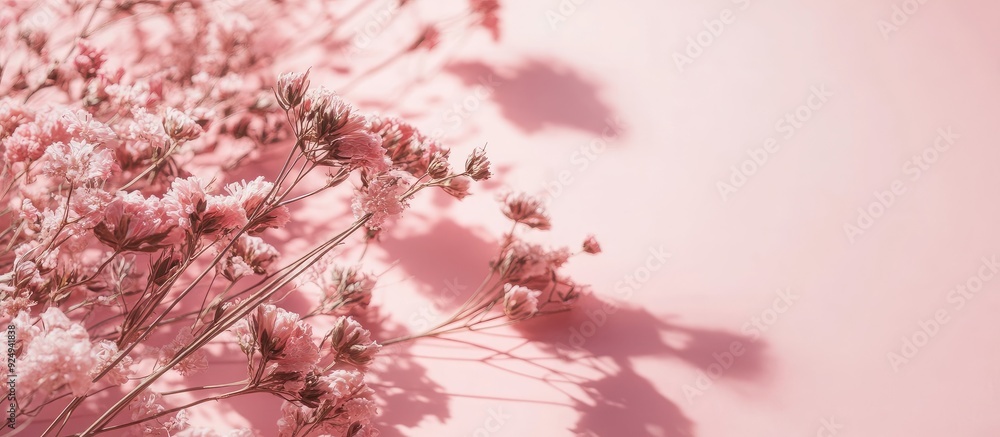 Poster dried flowers on a pink backdrop. with copy space image. Place for adding text or design