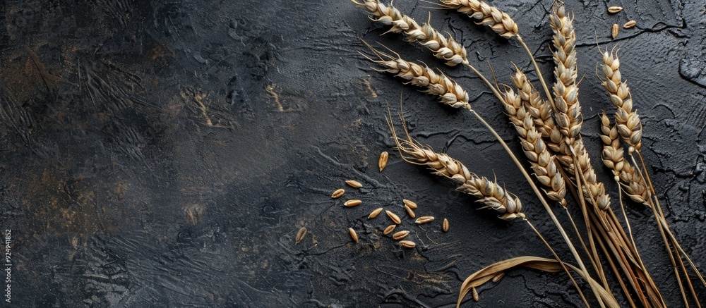 Poster Top view of wheat ears on a rustic black concrete table with copyspace A pattern of rye ears against a black background