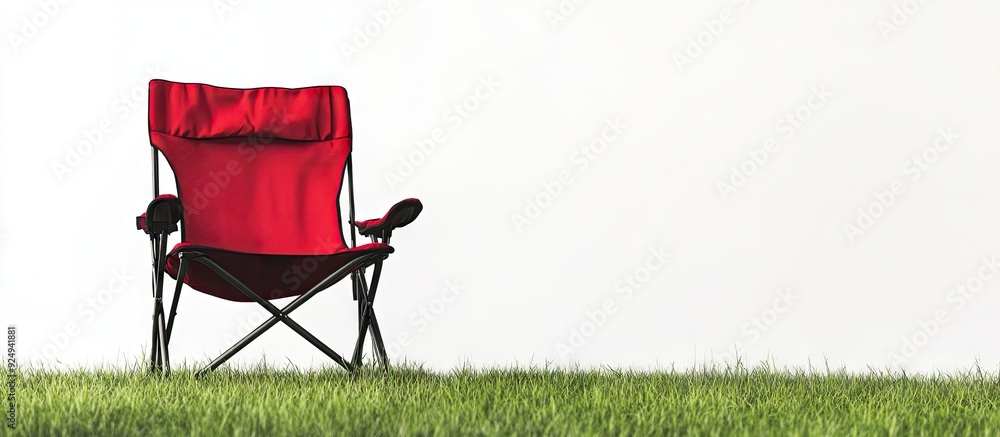 Poster Folding camp chair viewed from the front on grass with a white background. with copy space image. Place for adding text or design