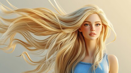 Fototapeta premium 3D Cartoon of a Beautiful Blonde Girl in Motion with Perfectly Long Hair Fashionable Model with Healthy Hair Stylish Blonde Woman with Gorgeous Locks