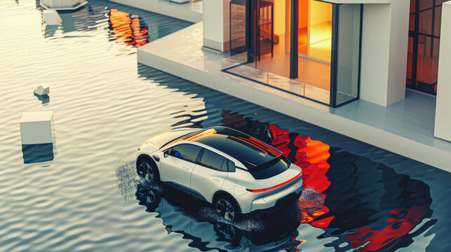 A TSL Model Y car parked on open water,bird's-eye view 