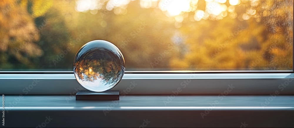 Leinwandbilder selective focus on a small ball underneath glass on the windowsill. with copy space image. place for