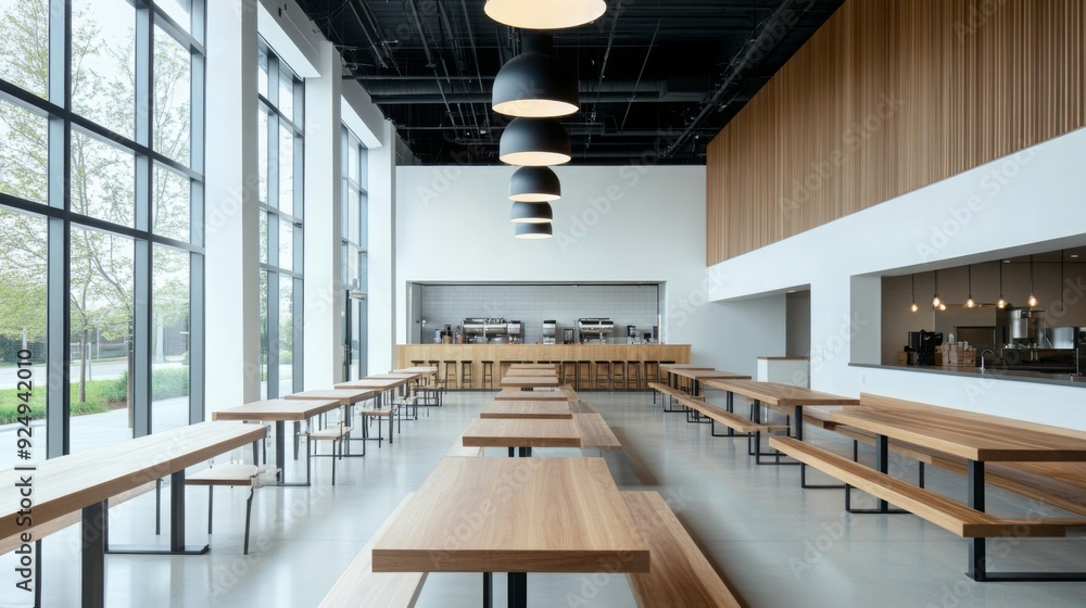 Poster A spacious cafe features wooden tables arranged neatly under stylish pendant lights, creating an inviting atmosphere.