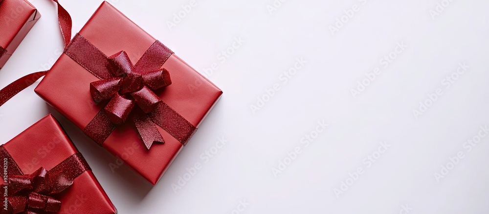 Poster red gift box with bows set against a white background with ample copy space