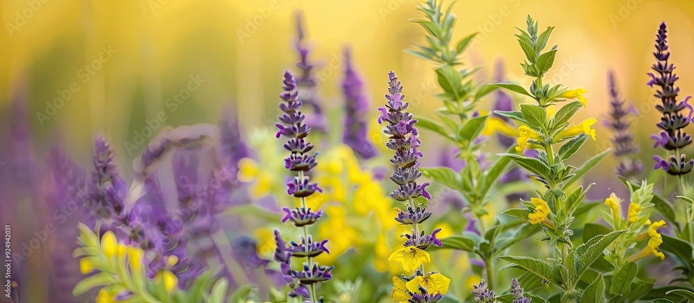 Poster attractive sunflower and purple wild sage set against a white background. with copy space image. pla