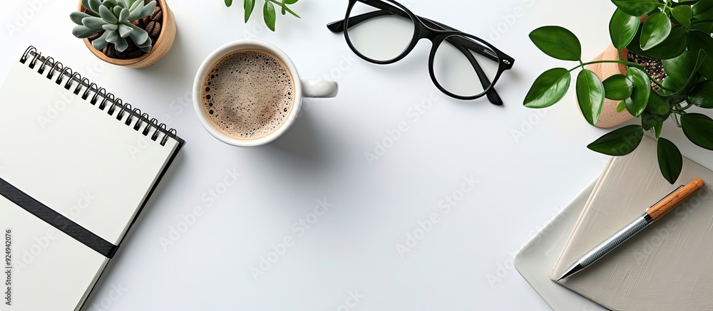 Poster Contemporary office desk with a notebook and various supplies alongside a coffee cup Blank page in the notebook for your design Top view flat lay. with copy space image