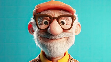 A colorful 3D cartoon portrait of a cheerful elderly man