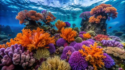 Obraz premium Vibrant orange and purple hard coral polyps sway gently in the current, showcasing intricate details and textures in a Raja Ampat, Papua Indonesia, underwater scene.